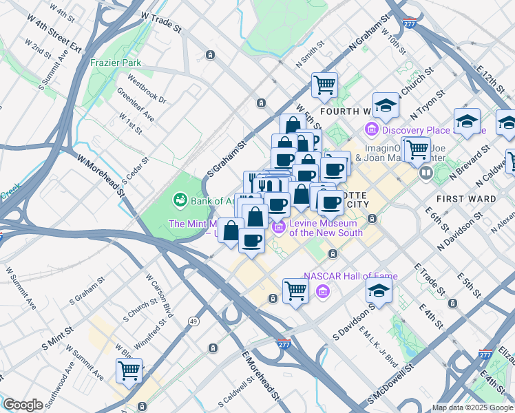 map of restaurants, bars, coffee shops, grocery stores, and more near 255 West Martin Luther King JR Boulevard in Charlotte