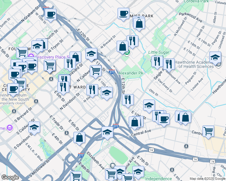 map of restaurants, bars, coffee shops, grocery stores, and more near 816 Garden District Drive in Charlotte
