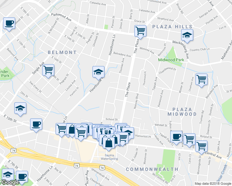 map of restaurants, bars, coffee shops, grocery stores, and more near 1717 Thomas Avenue in Charlotte