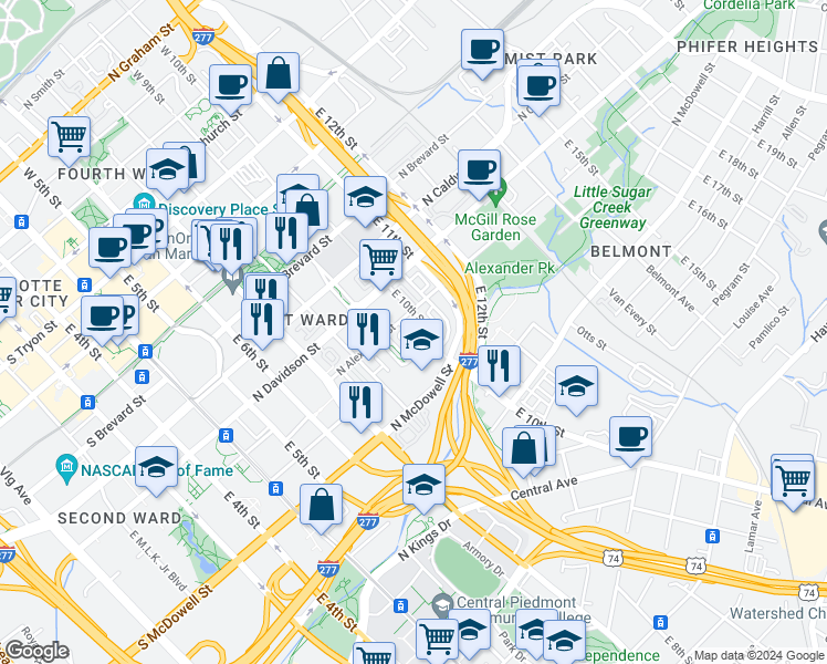 map of restaurants, bars, coffee shops, grocery stores, and more near 924 Garden District Drive in Charlotte