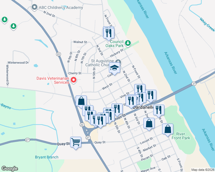 map of restaurants, bars, coffee shops, grocery stores, and more near 900 North 4th Street in Dardanelle
