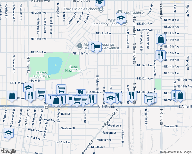 map of restaurants, bars, coffee shops, grocery stores, and more near 1203 North Nelson Street in Amarillo