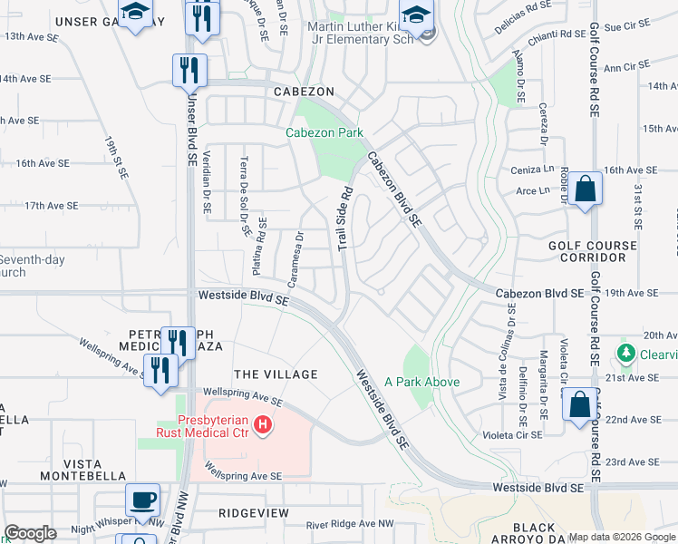 map of restaurants, bars, coffee shops, grocery stores, and more near 1922 Western Hills Drive Southeast in Rio Rancho
