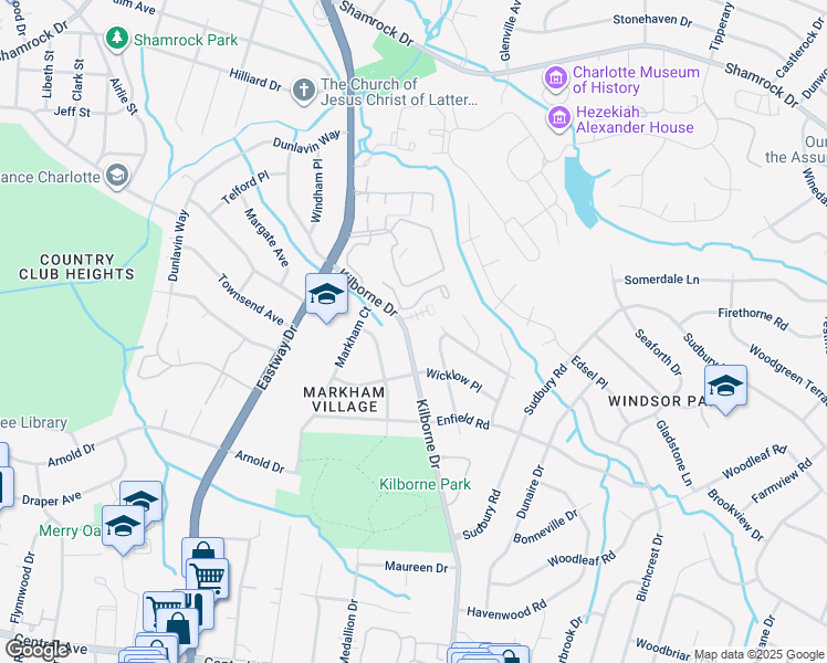 map of restaurants, bars, coffee shops, grocery stores, and more near 2243 Kilborne Drive in Charlotte