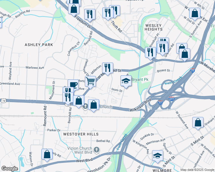 map of restaurants, bars, coffee shops, grocery stores, and more near 4221 Bryant Terraces Drive in Charlotte