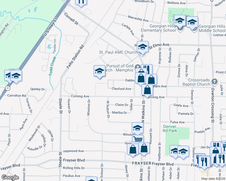map of restaurants, bars, coffee shops, grocery stores, and more near 1687 Cleoford Avenue in Memphis