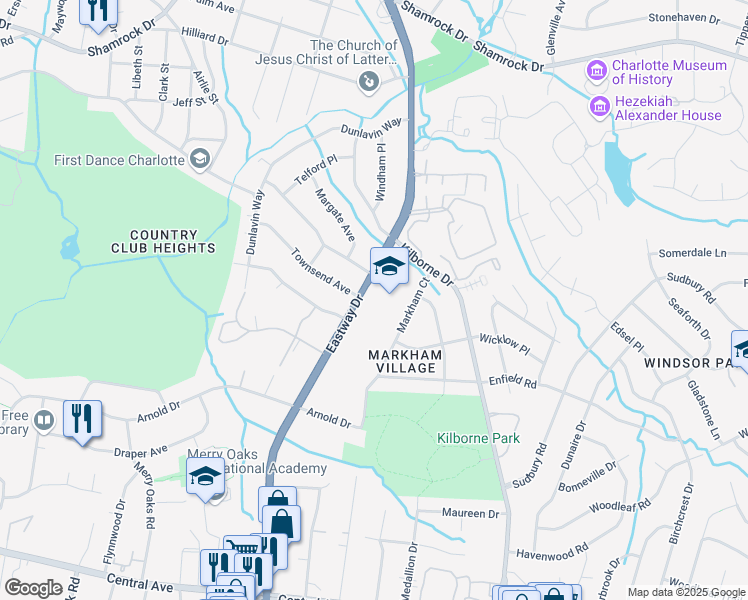 map of restaurants, bars, coffee shops, grocery stores, and more near 2219 Eastway Drive in Charlotte