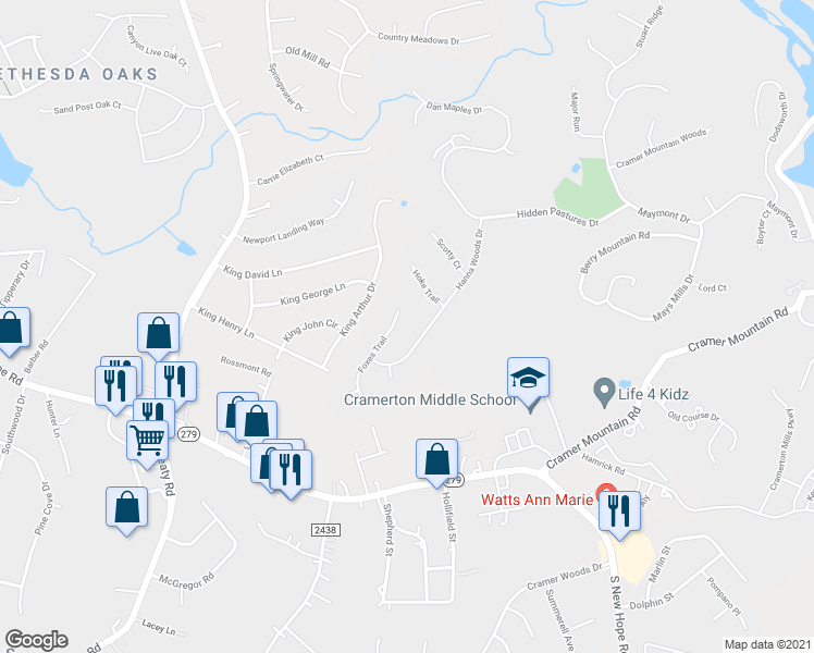 map of restaurants, bars, coffee shops, grocery stores, and more near 4024 Foxes Trail in Cramerton