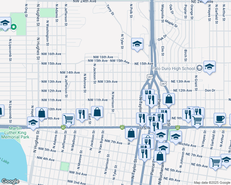 map of restaurants, bars, coffee shops, grocery stores, and more near 1110 North Harrison Street in Amarillo