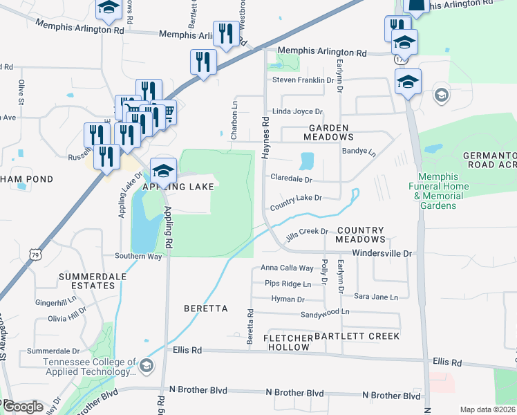 map of restaurants, bars, coffee shops, grocery stores, and more near 3679 Haynes Road in Memphis