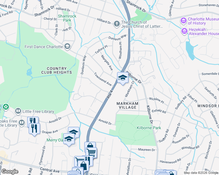 map of restaurants, bars, coffee shops, grocery stores, and more near 2017 Bentley Place in Charlotte