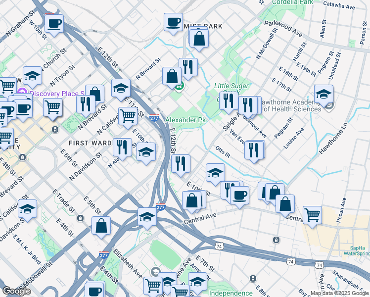 map of restaurants, bars, coffee shops, grocery stores, and more near 793 Seigle Point Drive in Charlotte