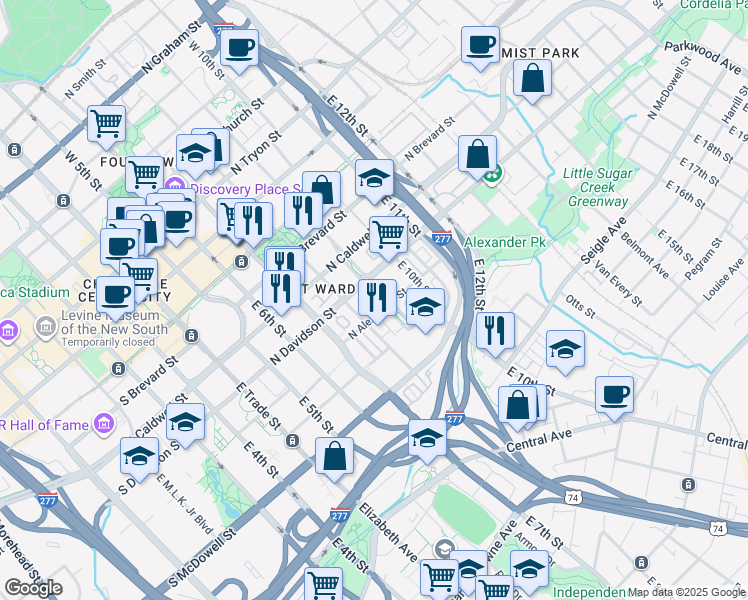 map of restaurants, bars, coffee shops, grocery stores, and more near in Charlotte