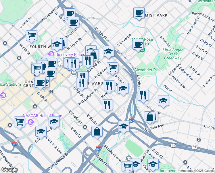 map of restaurants, bars, coffee shops, grocery stores, and more near 646 East 9th Street in Charlotte