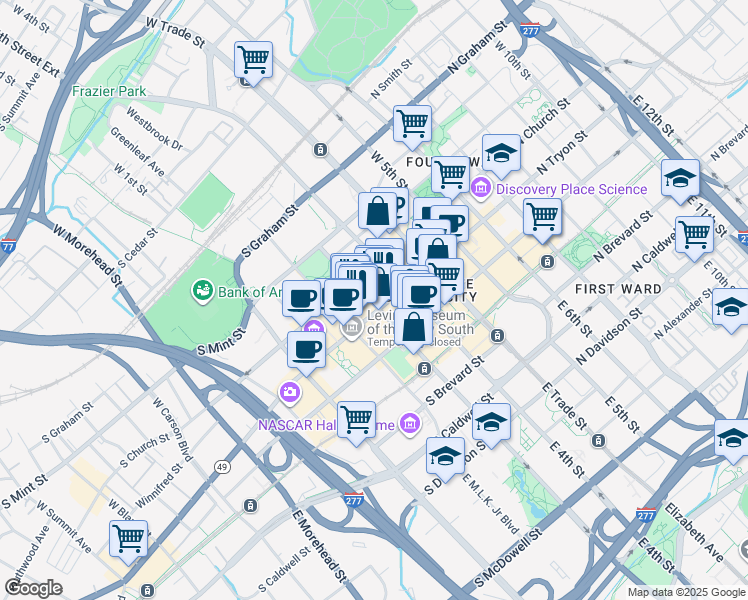map of restaurants, bars, coffee shops, grocery stores, and more near 230 South Tryon Street in Charlotte