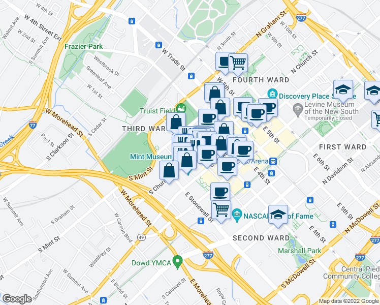 map of restaurants, bars, coffee shops, grocery stores, and more near in Charlotte