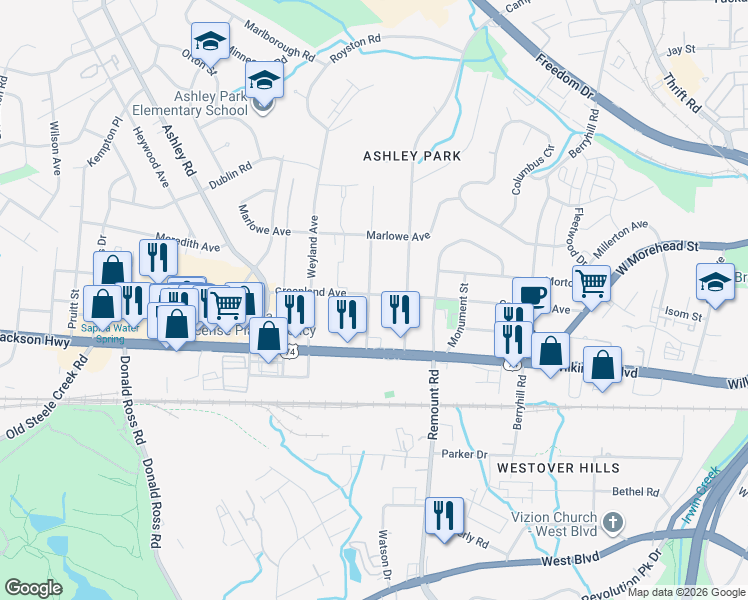 map of restaurants, bars, coffee shops, grocery stores, and more near in Charlotte