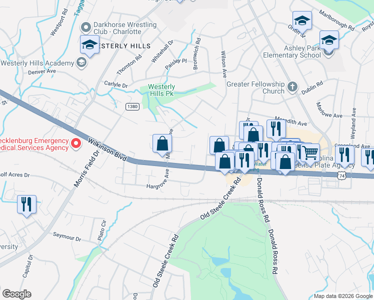 map of restaurants, bars, coffee shops, grocery stores, and more near 2616 Holton Avenue in Charlotte