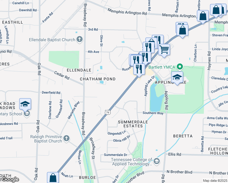 map of restaurants, bars, coffee shops, grocery stores, and more near 7460 U.S. 70 in Memphis