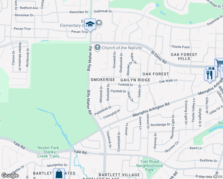map of restaurants, bars, coffee shops, grocery stores, and more near 6036 Flynthill Drive in Bartlett