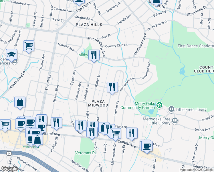 map of restaurants, bars, coffee shops, grocery stores, and more near 2405 Belvedere Avenue in Charlotte