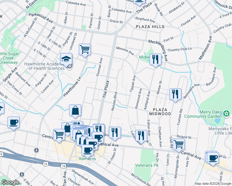 map of restaurants, bars, coffee shops, grocery stores, and more near Nassau Blvd & Chestnut Ave in Charlotte