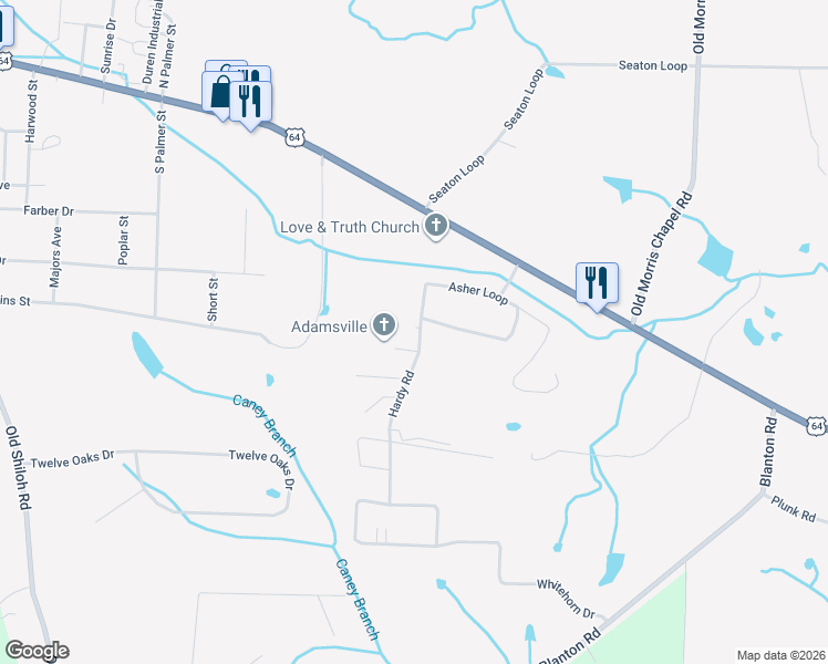 map of restaurants, bars, coffee shops, grocery stores, and more near 30 Hardy Road in Adamsville