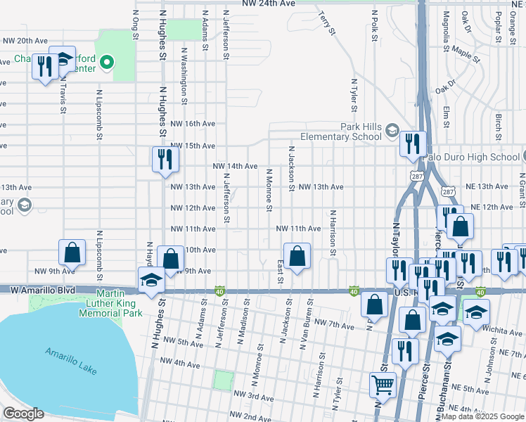 map of restaurants, bars, coffee shops, grocery stores, and more near 1111 North Monroe Street in Amarillo
