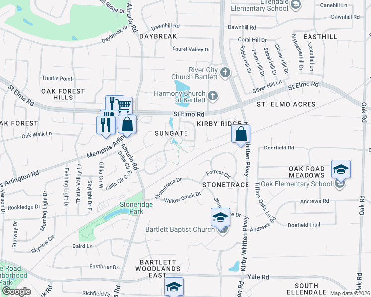 map of restaurants, bars, coffee shops, grocery stores, and more near 3625 Dawnridge Cove in Memphis