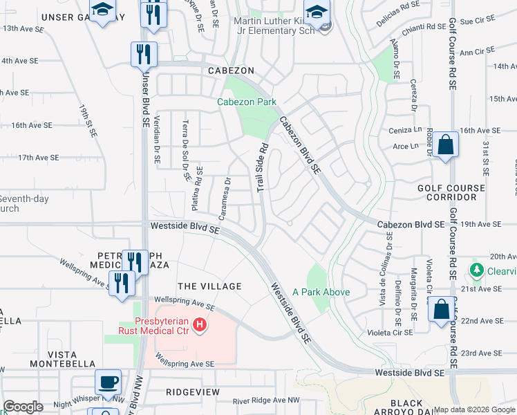 map of restaurants, bars, coffee shops, grocery stores, and more near 1922 Western Hills Drive Southeast in Rio Rancho