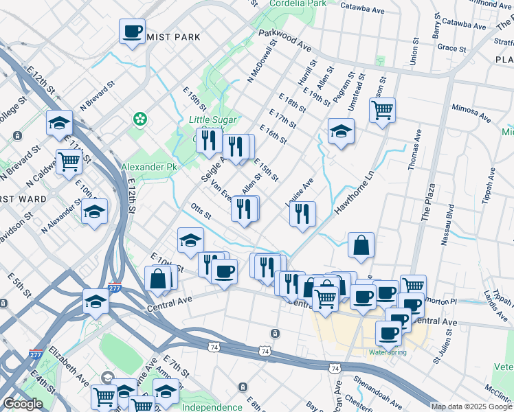 map of restaurants, bars, coffee shops, grocery stores, and more near 1017 Pegram Street in Charlotte