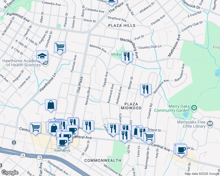 map of restaurants, bars, coffee shops, grocery stores, and more near 2021 Kenwood Avenue in Charlotte