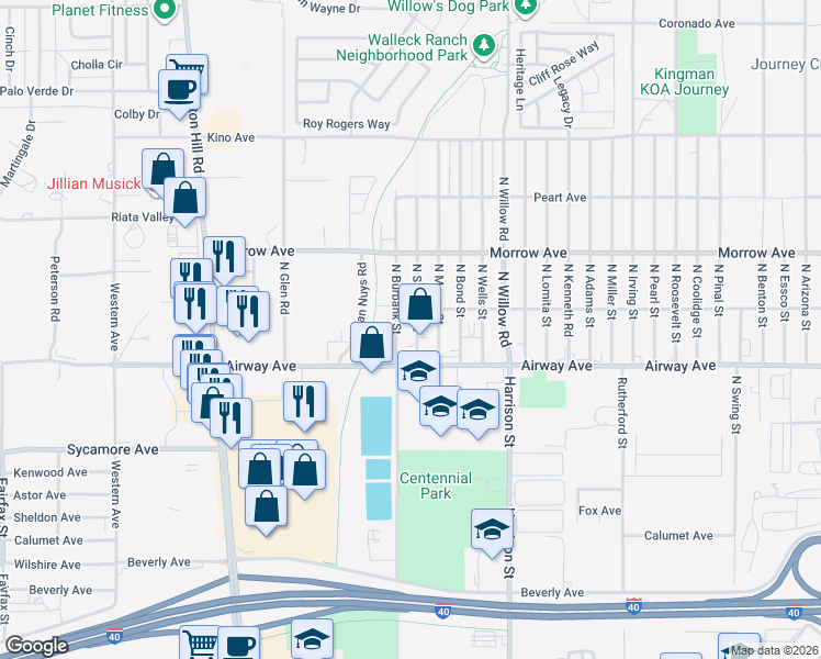 map of restaurants, bars, coffee shops, grocery stores, and more near 3539 North Skylark Road in Kingman