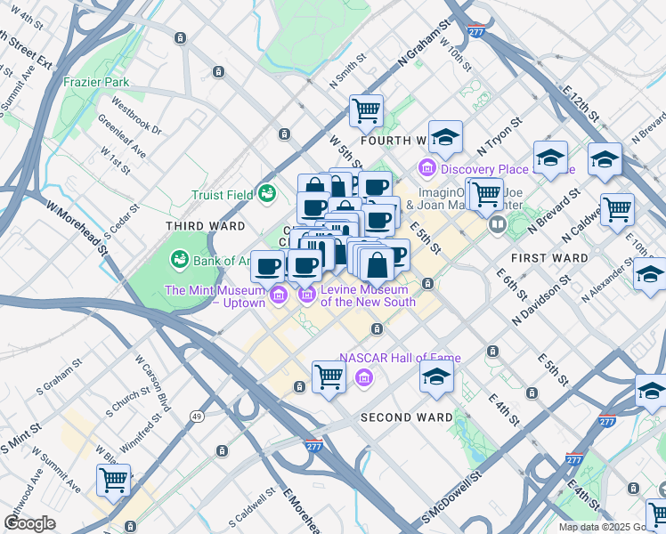 map of restaurants, bars, coffee shops, grocery stores, and more near in Charlotte