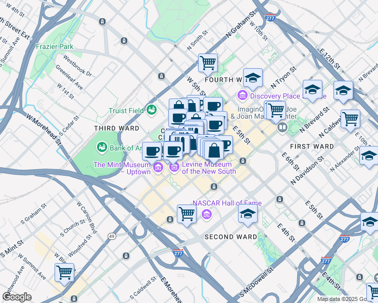 map of restaurants, bars, coffee shops, grocery stores, and more near 230 South Tryon Street in Charlotte