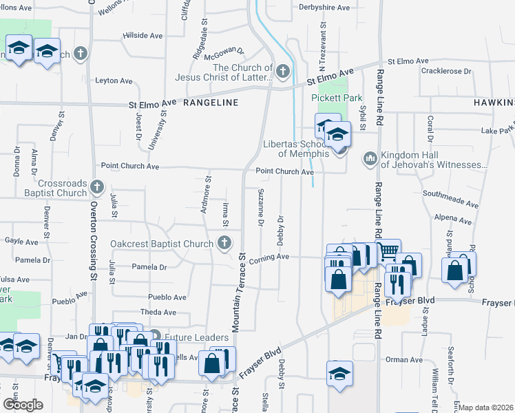 map of restaurants, bars, coffee shops, grocery stores, and more near 3680 Mountain Terrace Street in Memphis