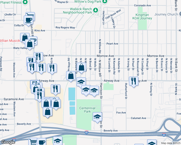 map of restaurants, bars, coffee shops, grocery stores, and more near 3545 N Bond St in Kingman