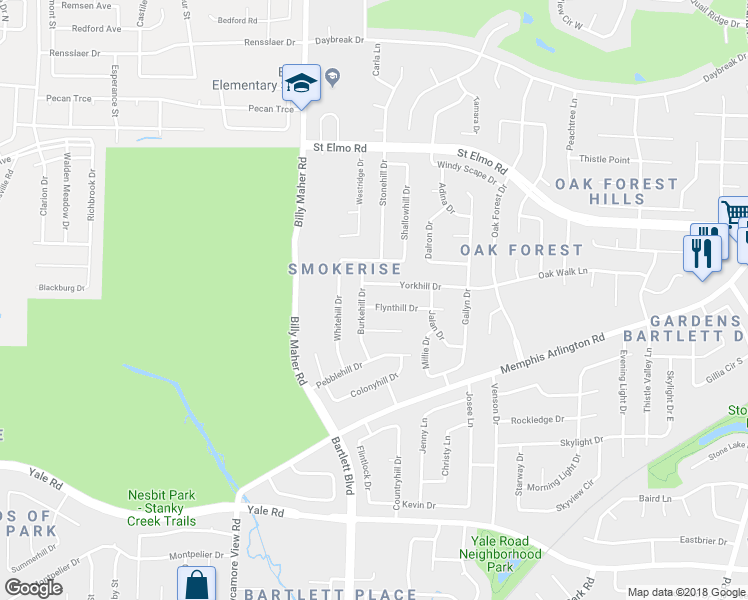 map of restaurants, bars, coffee shops, grocery stores, and more near 6036 Flynthill Drive in Bartlett