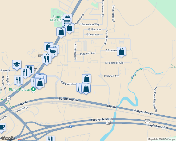 map of restaurants, bars, coffee shops, grocery stores, and more near 5200 East Railhead Avenue in Flagstaff