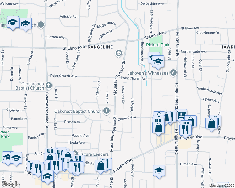 map of restaurants, bars, coffee shops, grocery stores, and more near 3680 Mountain Terrace Street in Memphis