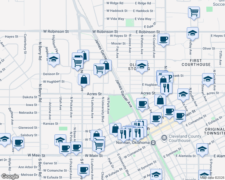 map of restaurants, bars, coffee shops, grocery stores, and more near 201 West Acres Street in Norman