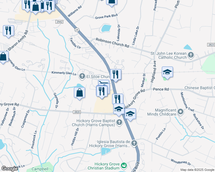 map of restaurants, bars, coffee shops, grocery stores, and more near 5615 Keyway Boulevard in Charlotte