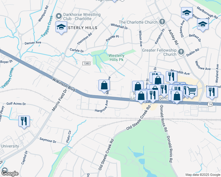 map of restaurants, bars, coffee shops, grocery stores, and more near 2621 Midland Avenue in Charlotte