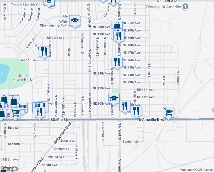 map of restaurants, bars, coffee shops, grocery stores, and more near 1202 North Fairfield Street in Amarillo