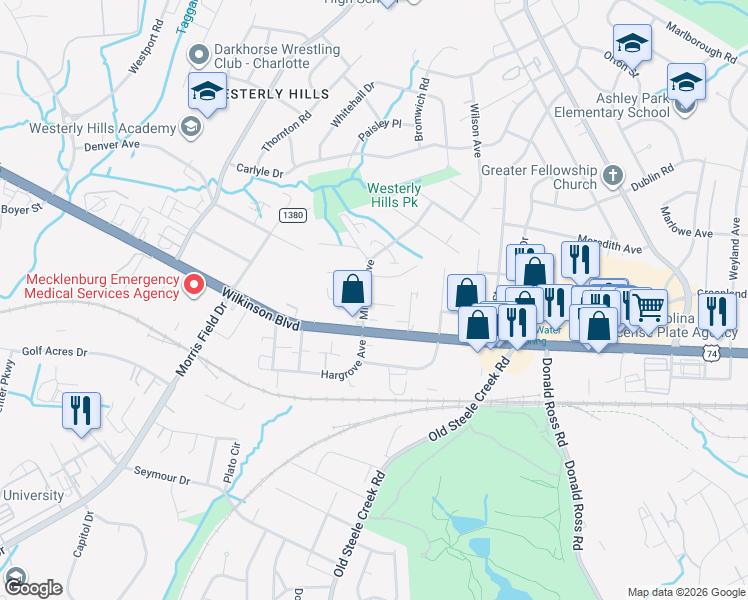 map of restaurants, bars, coffee shops, grocery stores, and more near 2621 Midland Avenue in Charlotte
