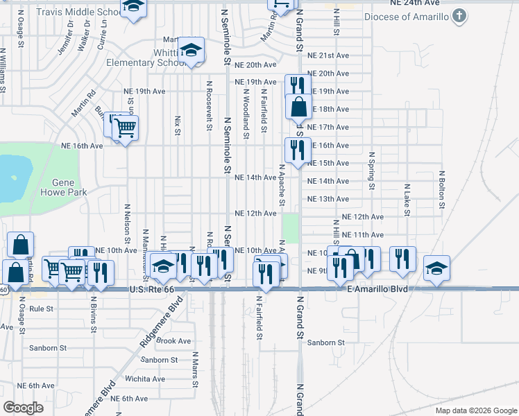 map of restaurants, bars, coffee shops, grocery stores, and more near 1202 North Fairfield Street in Amarillo