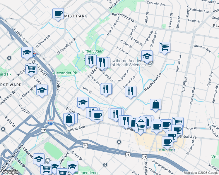 map of restaurants, bars, coffee shops, grocery stores, and more near 1017 Pegram Street in Charlotte