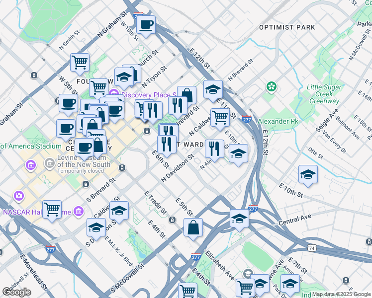 map of restaurants, bars, coffee shops, grocery stores, and more near in Charlotte
