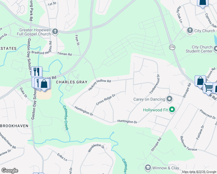 map of restaurants, bars, coffee shops, grocery stores, and more near 4516 Tree Haven Court in Gastonia