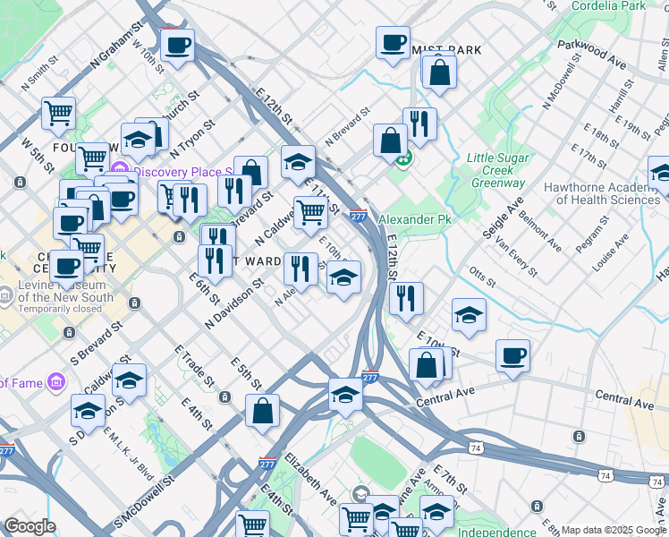 map of restaurants, bars, coffee shops, grocery stores, and more near 930 Garden District Drive in Charlotte